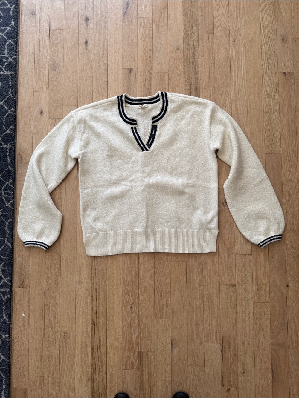 Cream V-Neck Sweater with Navy Trim - Women's